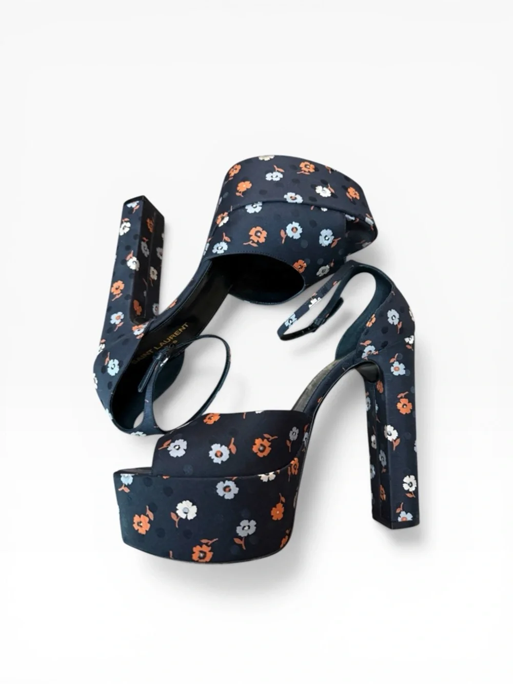 Saint Laurent Jodie 125 Floral Platform Heels Sandals in Black Silk EU 40 US 10 - Picture 11 of 16
